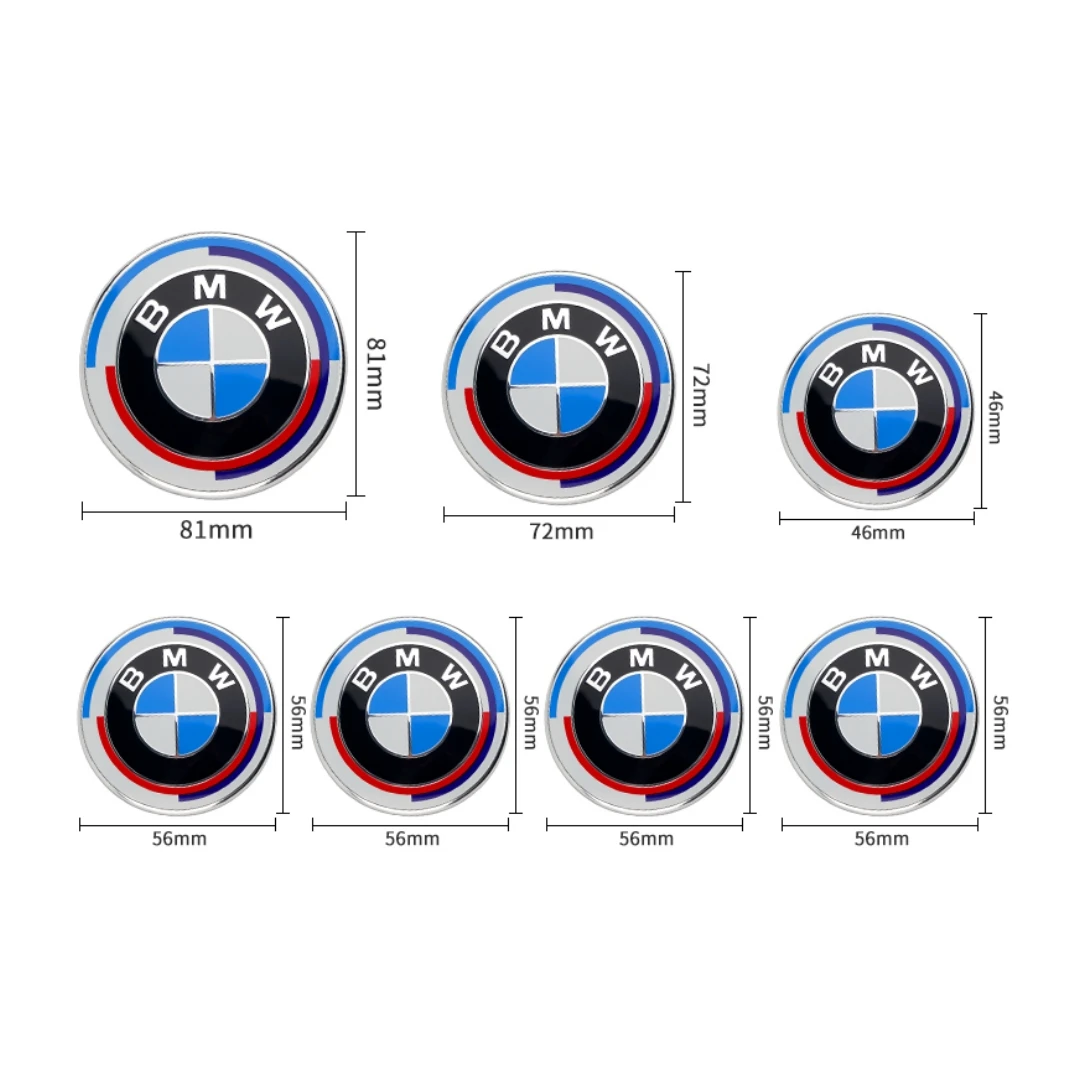 BMW 50 주년 기념 로고 전면 후드 엠블럼, 81mm, 후면 배지 74mm, 휠 허브 캡 68mm, 56mm 스티어링 휠 스티커 46mm
