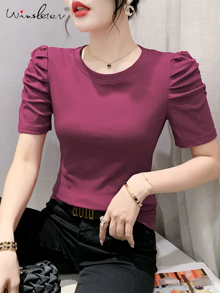 Winsleter Summer European Clothes Round Collar T-Shirt Woman Basic Solid Slim Cotton Tops Half Puff Sleeve Stretchy Tees T35413M