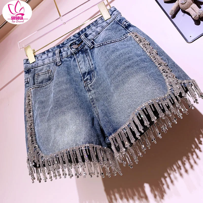 

SUSOLA Rhinestone Fringed High Waist Denim Shorts Flash Wimen's High-end Diamond Tassel Short Jeans Hot Pants