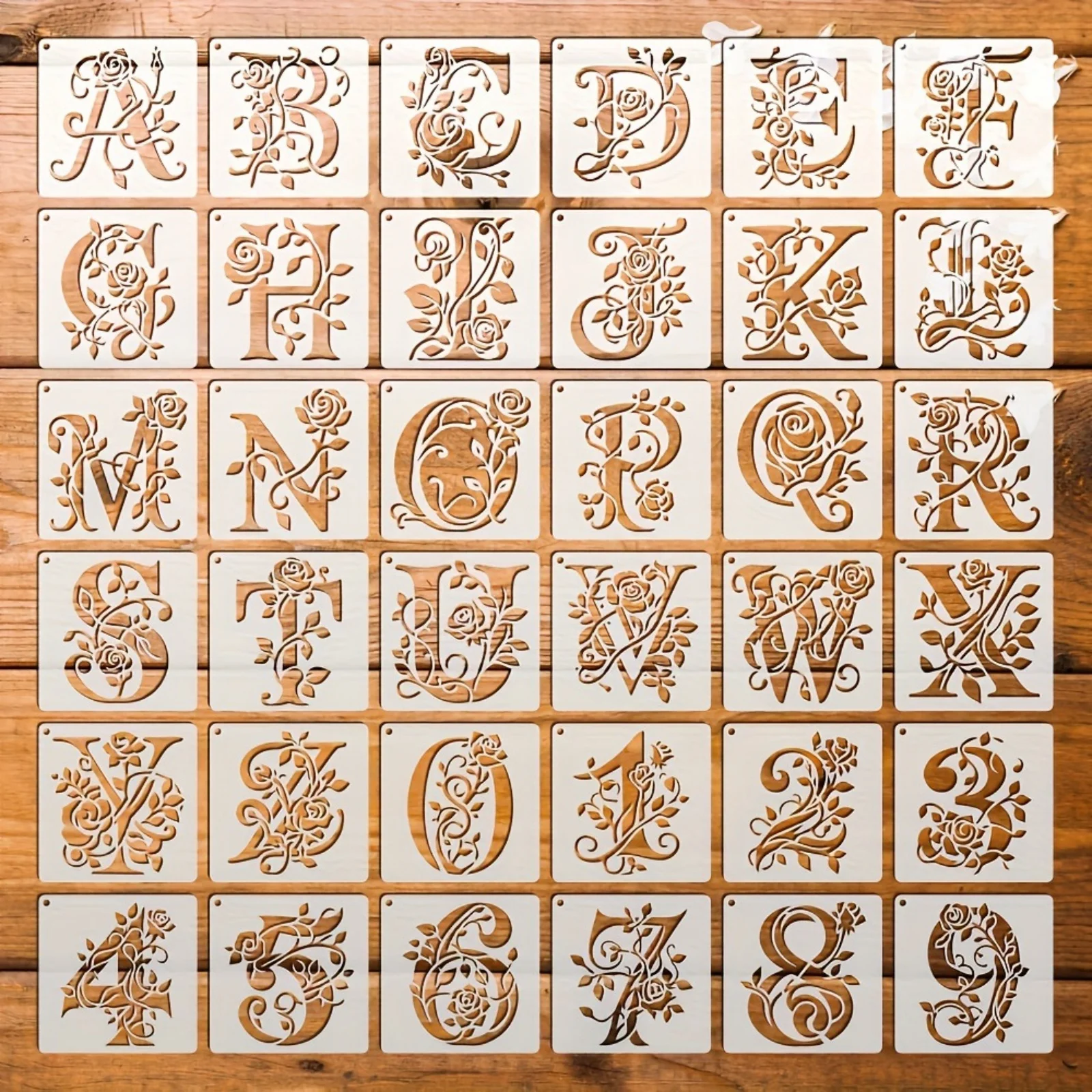 36 Floral Alphabet Number Stencils Reusable Rose Letter Painting Stencils Hollow Graffiti Stencils Wall Stickers Spray Molds