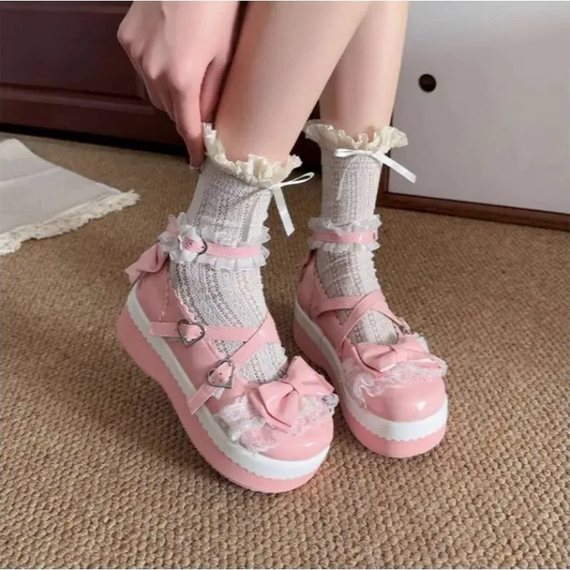 

Comemore Sweet Girls Lolita Flat Platform Female Shoes Lace Bow Cute Marry Jane Height Increasing Women's College Style Jk Shoes