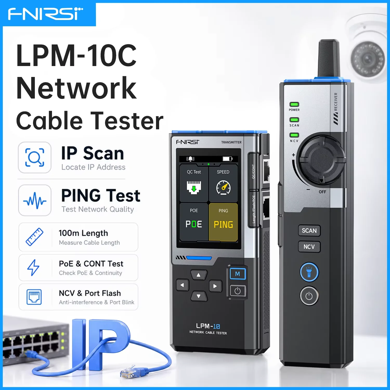 FNIRSI LPM-10C Cable Tracer Network Tester with PING, IP Scanner, Gigabit Testing, PoE, RJ45 RJ11 for Network Repair Tool