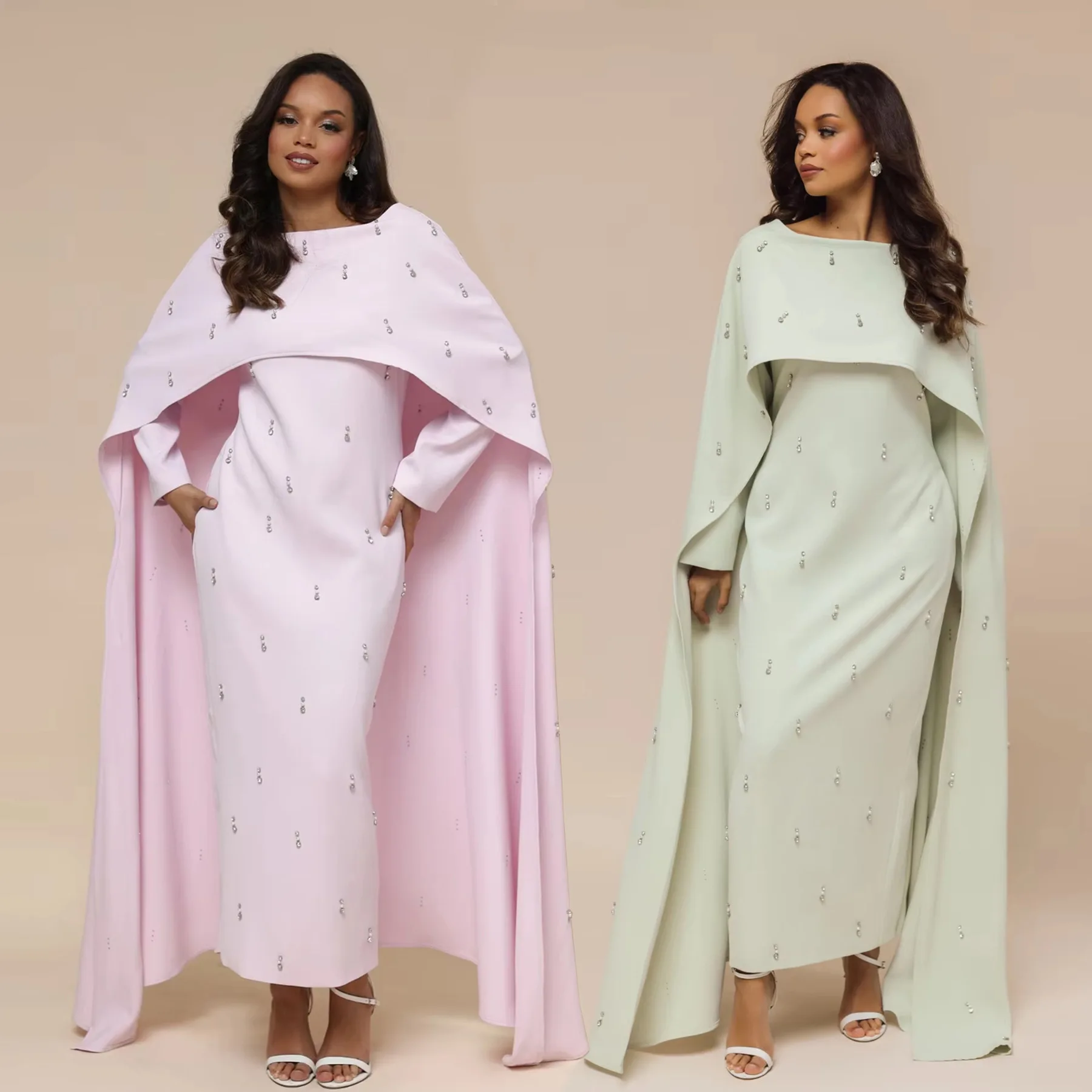 

2025 EID Islamic Clothing Women Pearl Diamond Embellished Luxury Cape Abaya Elegant Shawl Modest Abaya Women Muslim Dress