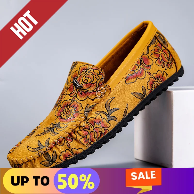 

Leisure Leather Loafers Men Design Moccasin Flower Slip On Soft Flat Casual Men Shoes Driving Male Footwear Handmade Boat Shoes