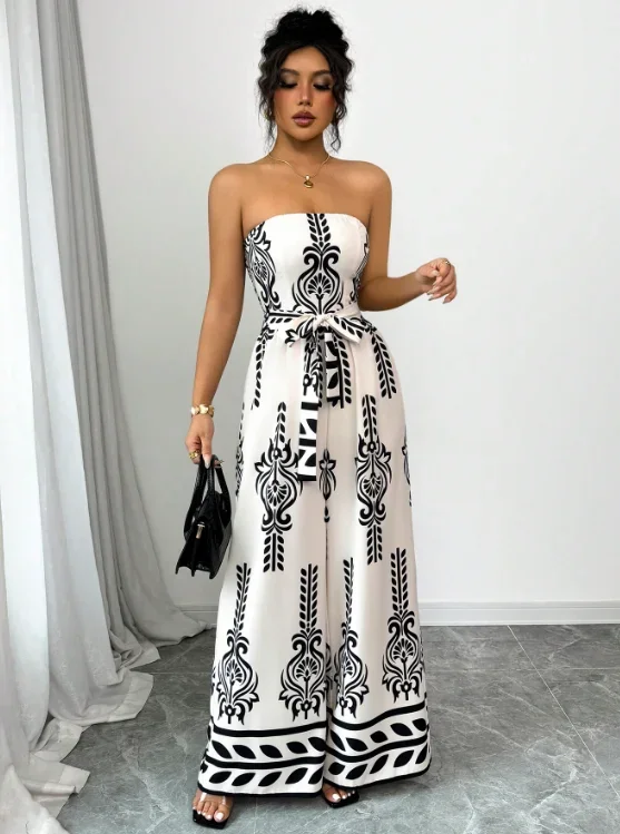 

Spring and summer European and American printed jumpsuit wide leg slim fit lace up jumpsuit