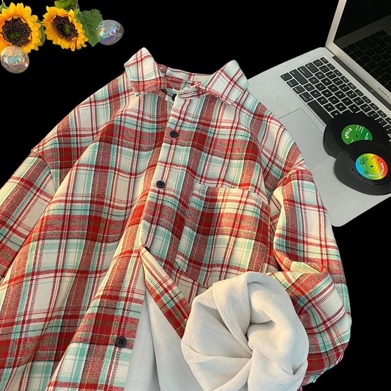 Autumn Winter Fleece-Lined Plaid Shirt For Men American Retro Thicken Shirts Jacket Casual Fashion Loose Male Warm Lapel Coat