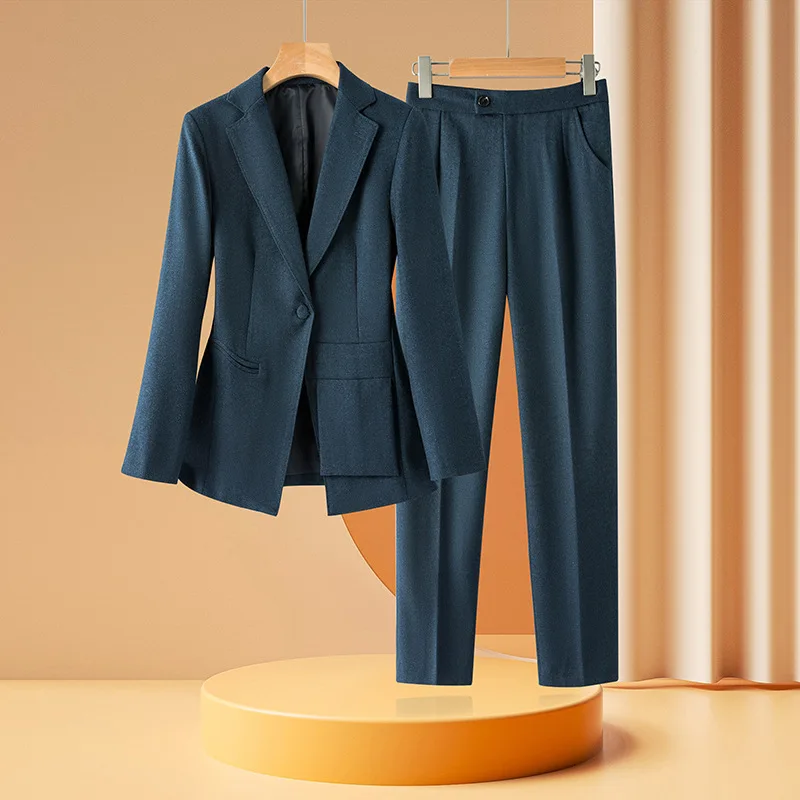 Workplace Women Cigarette Pant Sets Clothing High Quality Blazers Dark Blue Slim Fit Suit Coat Single Buckle Classic Lapel Suits