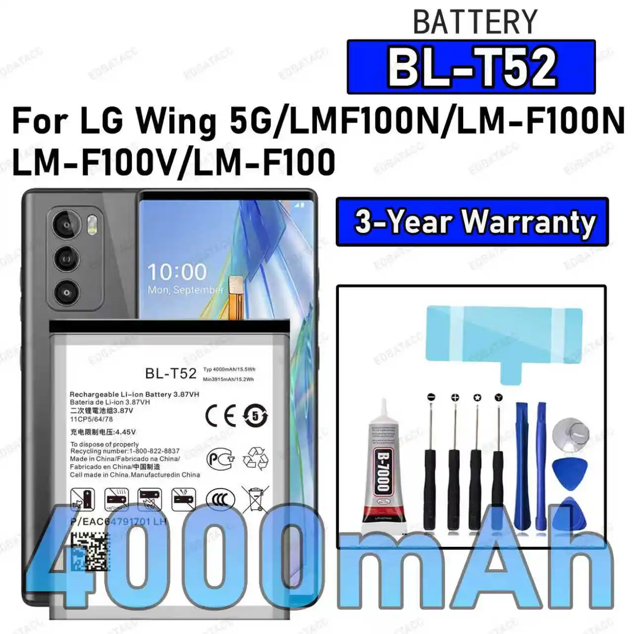 

100% New High Quality BL-T52 Battery For LG Wing 5G/LMF100N/LM-F100N/LM-F100V Replacement Battery Bateria+Free Tools