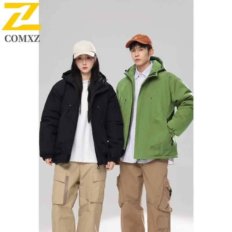 COMXZ 2025 Mens Womens Winter Mountain Waterproof Hooded Puffer Jacket Korean-Style Outdoor Sports Workwear Warm Tactics Coat