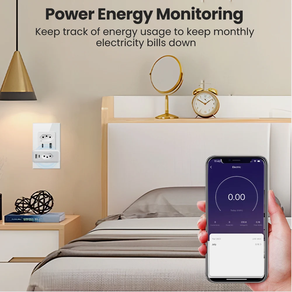 AVATTO Tuya WiFi Smart Brazil Socket with USB Type-C,Power Energy Monitoring,Work with Alexa Google Home