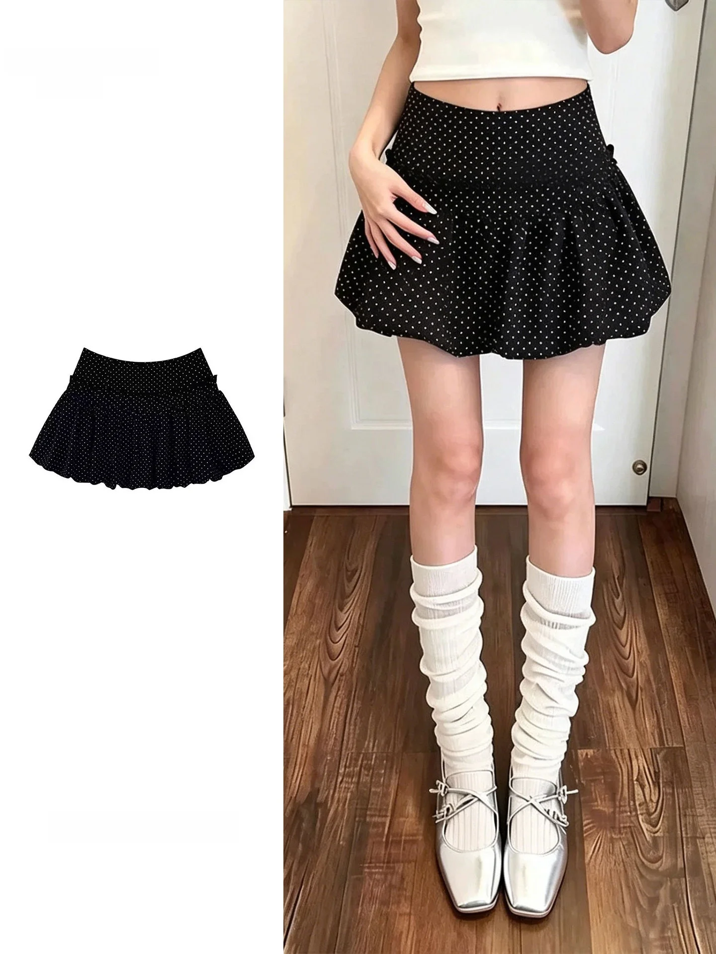 

Black Polka Dot Chiffon Bloomer Skirt Women's High Waist A-Line Half Skirt Lantern Skirt Sweet Cool Short Skirt Summer