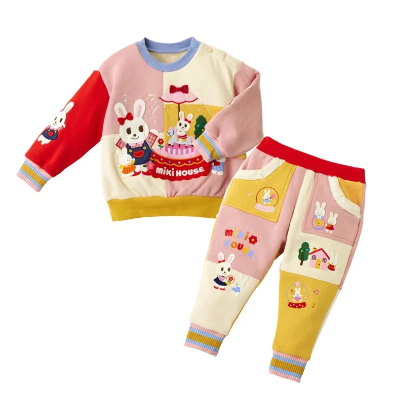 Girls\' Clothes Miki Set Autumn and Winter New Boys Cartoon Cute Bear Rabbit Color Stitching Velvet Sweatshirt and Sweatpants