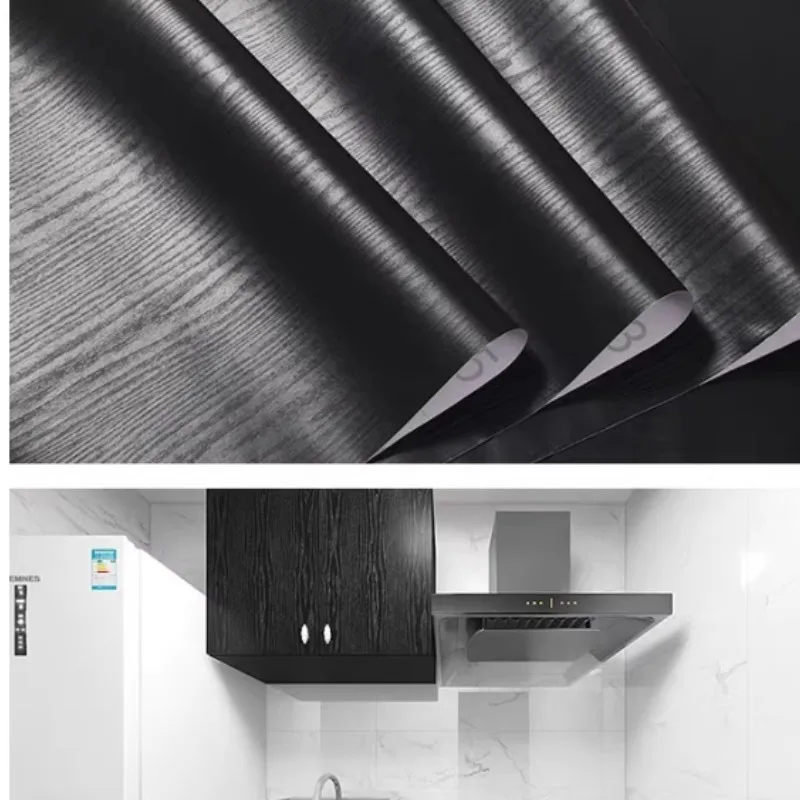 Black wood grain thickening wallpaper boeing film furniture kitchen cabinet pvc self-adhesive stickers kitchen vinyl wallpaper