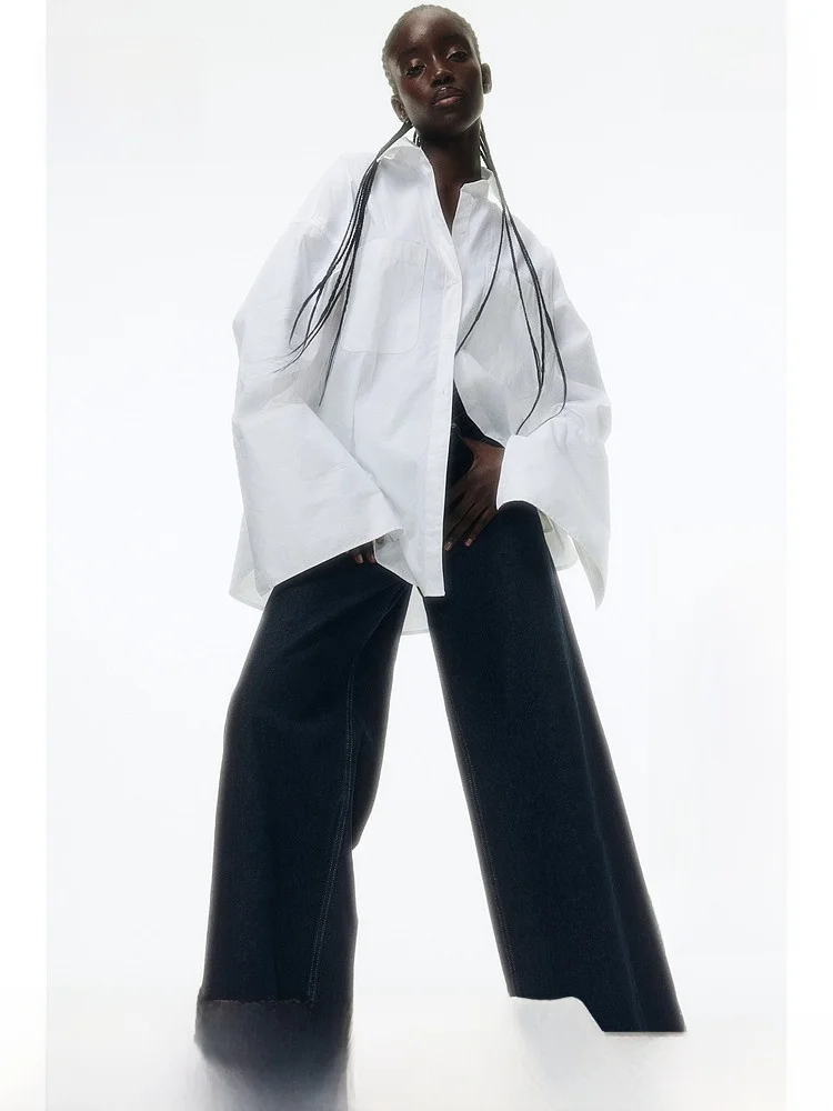 

High Waist Wide Leg Jeans Women's Summer Denim Pants H&M Brand Cotton Material Long Trousers Fashionable Ladies Jeans