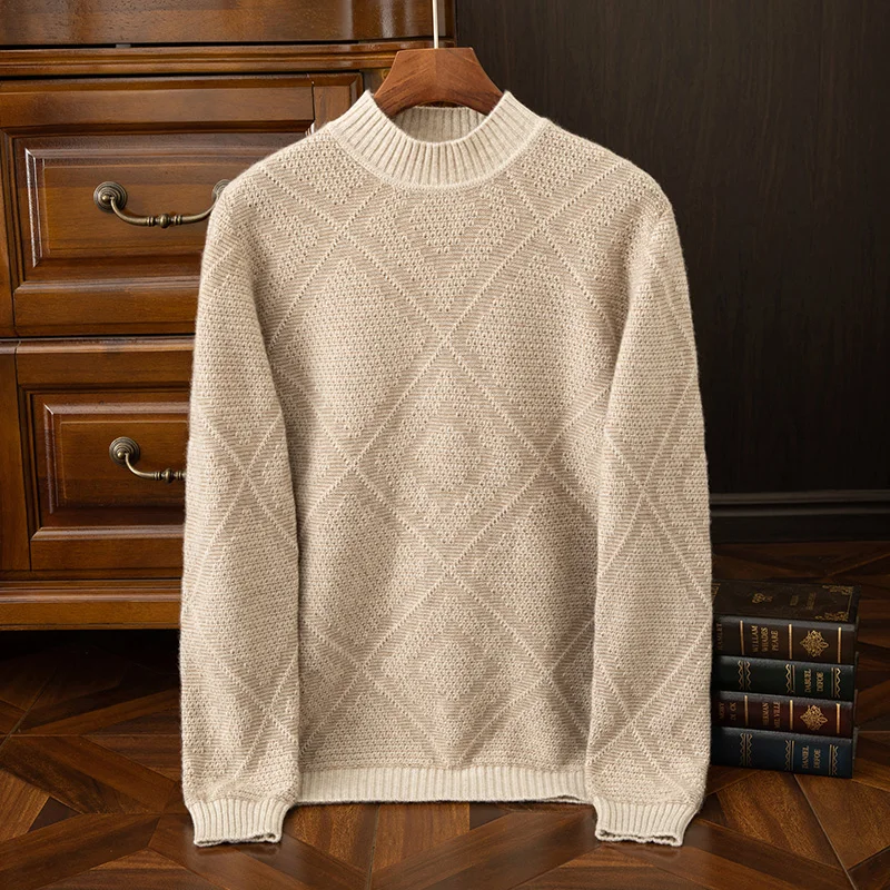 2024 Autumn/Winter New Collection (100% Cashmere) Men's Seven Needle Thickened Half High Neck Double Color Casual Sweater