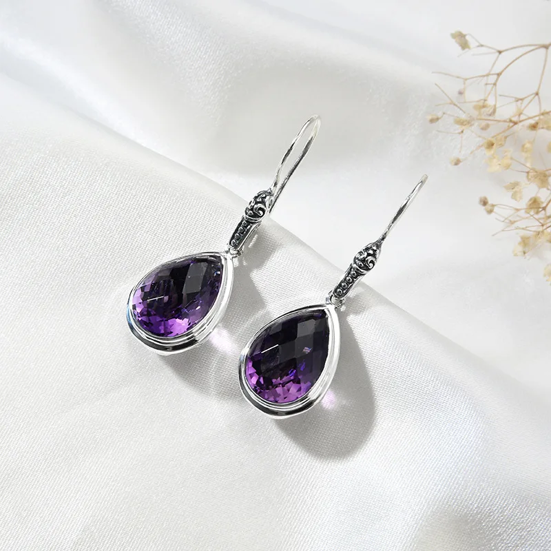 S925 Sterling Silver Drop Earrings for Women Hollow Eternal Rattan Inlaid Amethyst Green Crystal Ear Drop Jewelry Wholesale