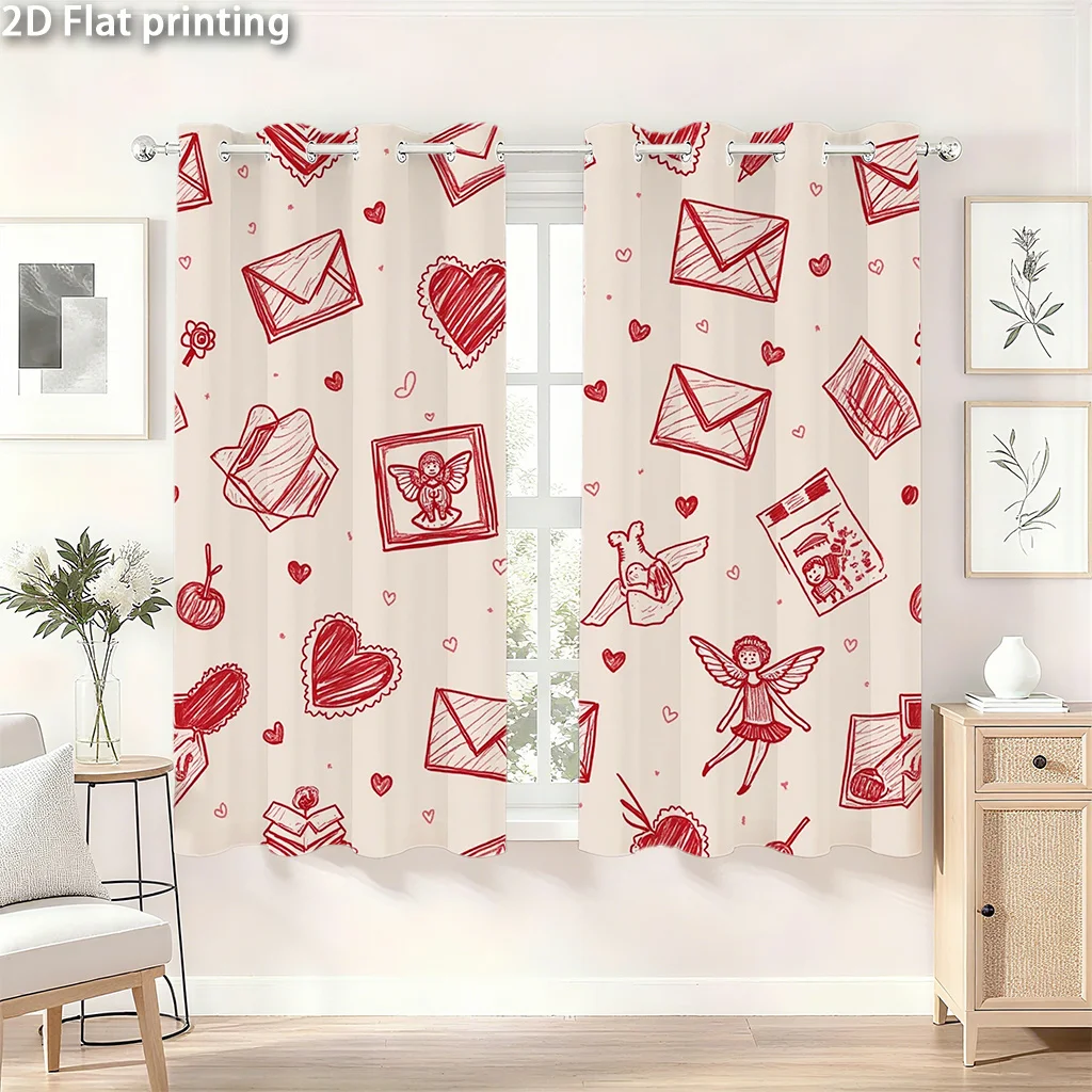 2D Flat, 2pcs ValentineS Day Curtains - Red Envelopes, Hearts & Cupids with Grommet Top - Semi-Sheer Window Drapes for Living Ro