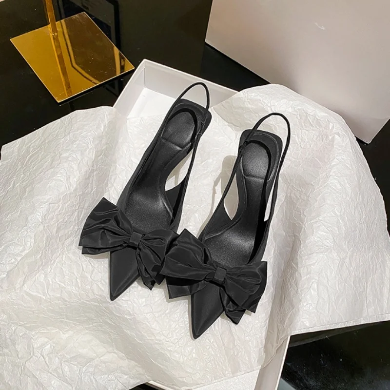 

Summer 2025 New Black Bow Sandals Slingback Strap Pointed Toe High Heels Sweet Sexy Women Shoes Party Dress High Heels