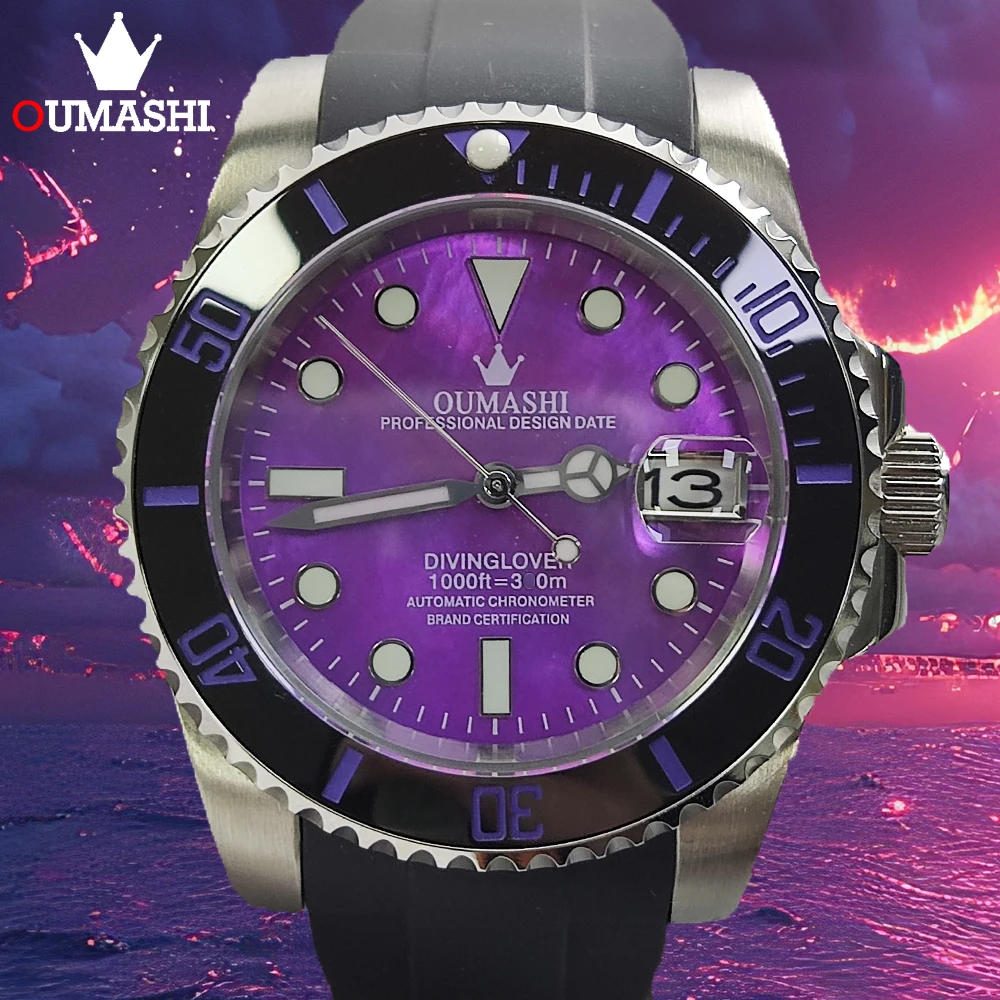 OUMASHI 40mm Mother of Pearl Dial NH35 Automatic Mechanical Watch with Gradient Luminous Stainless Steel Case and Sapphire Glass