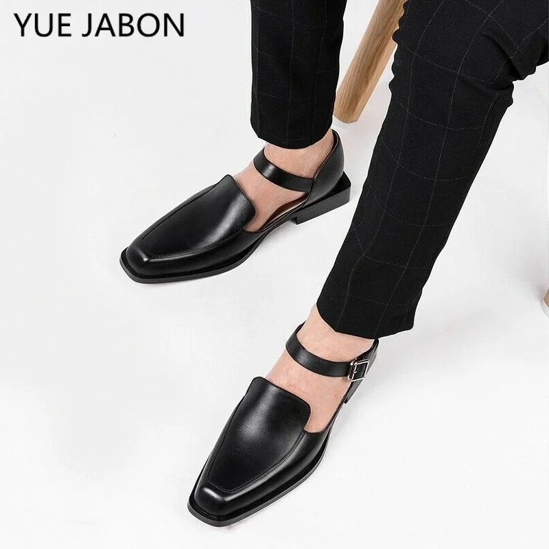 

Genuine Leather Black Casual Business Men Shoes Buckle Strap Round Toe Sandals Shoes for Men With Square cute heels Size 38-44