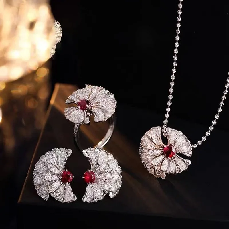 S925 pure silver full-diamond red diamond flower set imitation natural topaz mountain cherry blossom necklace, ring and stud ear