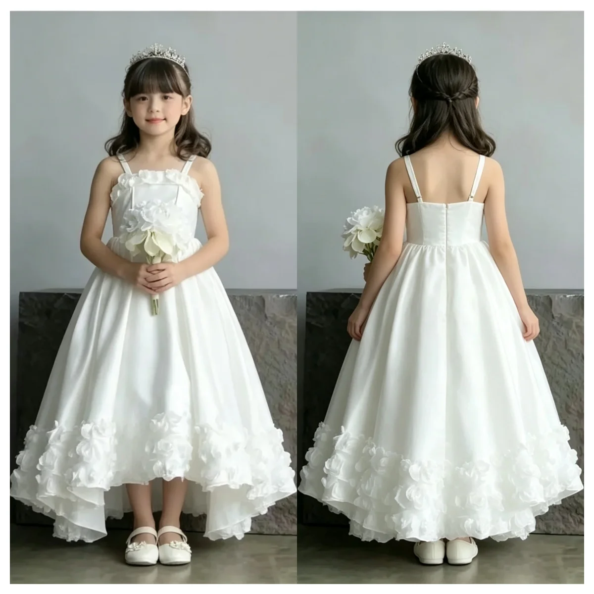 Children's High-low First Communion Dress Multi-layer 3D Rose Skirt Flower Girl Dress Girl Wedding Flower Girl Bridesmaid Dress