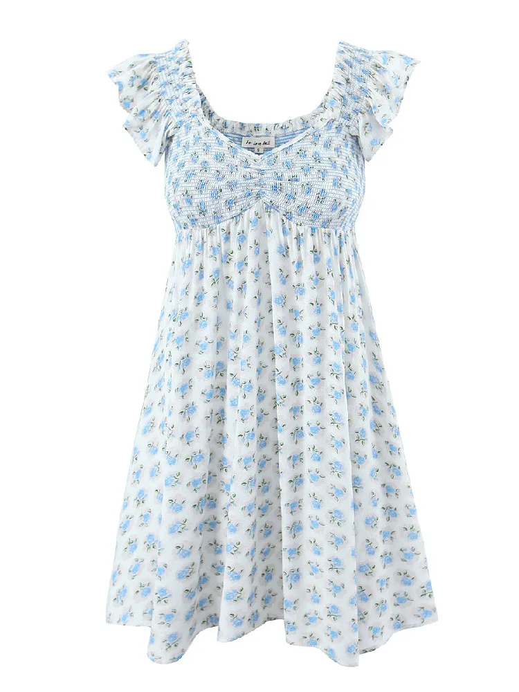 Sexy White Blue Flower Print Ruffle Strap Mini Dress V neck Ruched Elastic Chest Corset Sleeveless Short Tank Robe Holiday Woman