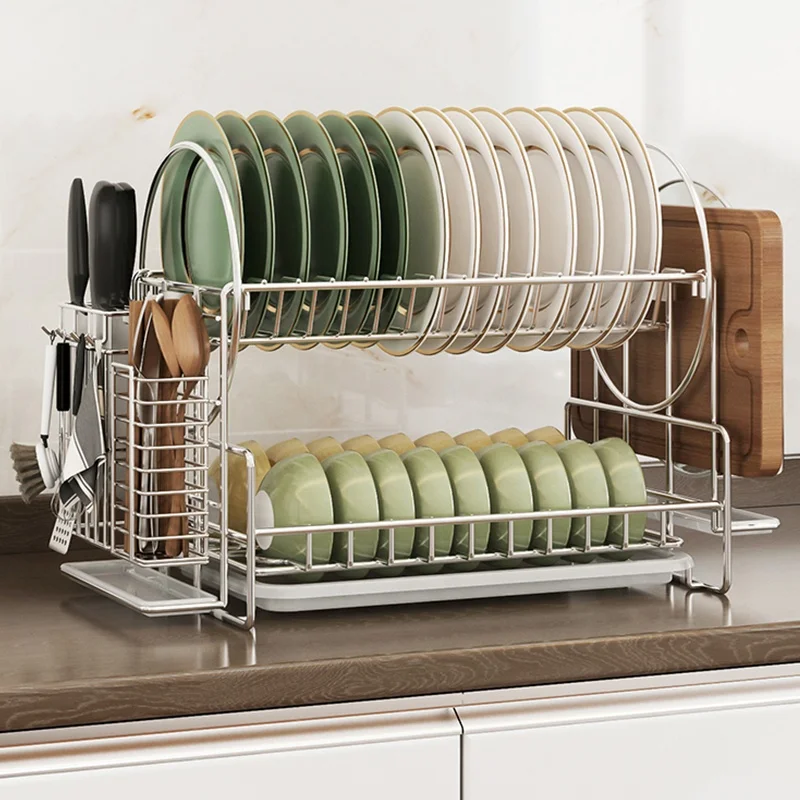 304 Stainless Steel Kitchenware Storage Shelf Utensil Holder Over The Sink 2 Tier Dish Drainer Bowl Drying Rack With Cup Holder