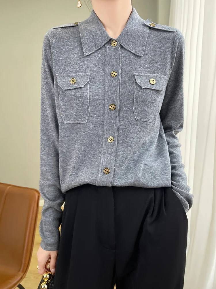

2025 New Fall Winter Wool Worsted Spinning Shirt Long Sleeve POLO Collar Cardigan Women's Light Luxury Shirt Fashion Leisure Top