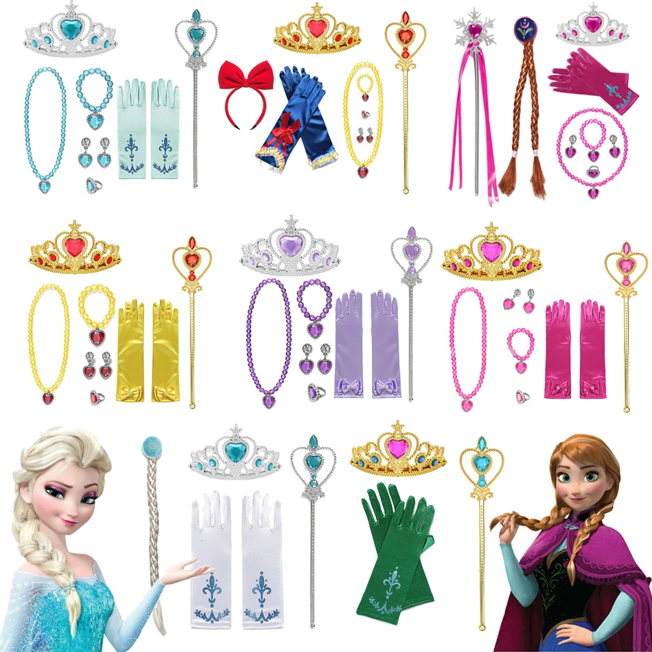 Conjunto de accesorios de Cosplay para niñas, Frozen, Elsa, Anna, princesa sirena, Ariel, corona, varita mágica, collar, peluca, guantes, regalo de