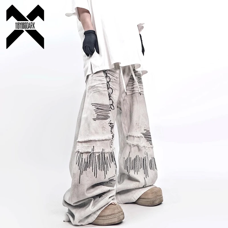 

Men's Vintage Distressed Jeans Oversized Wide Leg Denim Pants Grunge Floor-Dragging Trousers Y2K Streetwear Cargo Jeans