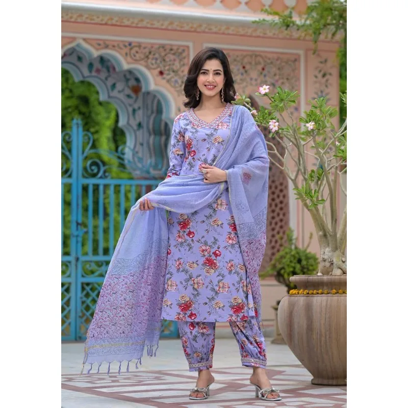 

Purple Color Printed Anarkali Kurti Pant with Dupatta Set Readymade Kurta Palazzo