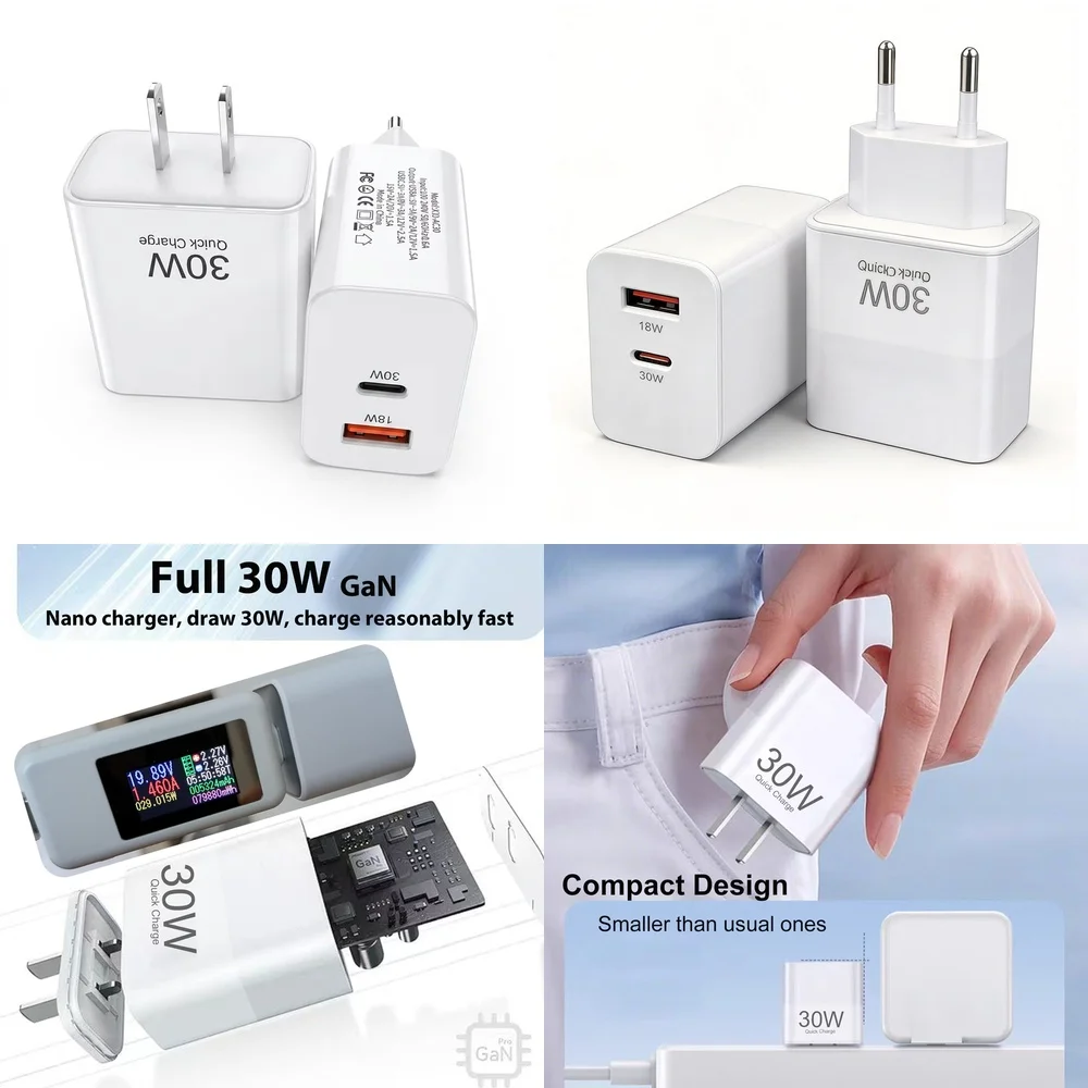 30W PD QC Fast Charger Compact EU US Plug Dual Port Charging Block for iPhone 17 16 15 Pro Max Samsung S26 S25 S24 Ultra Google