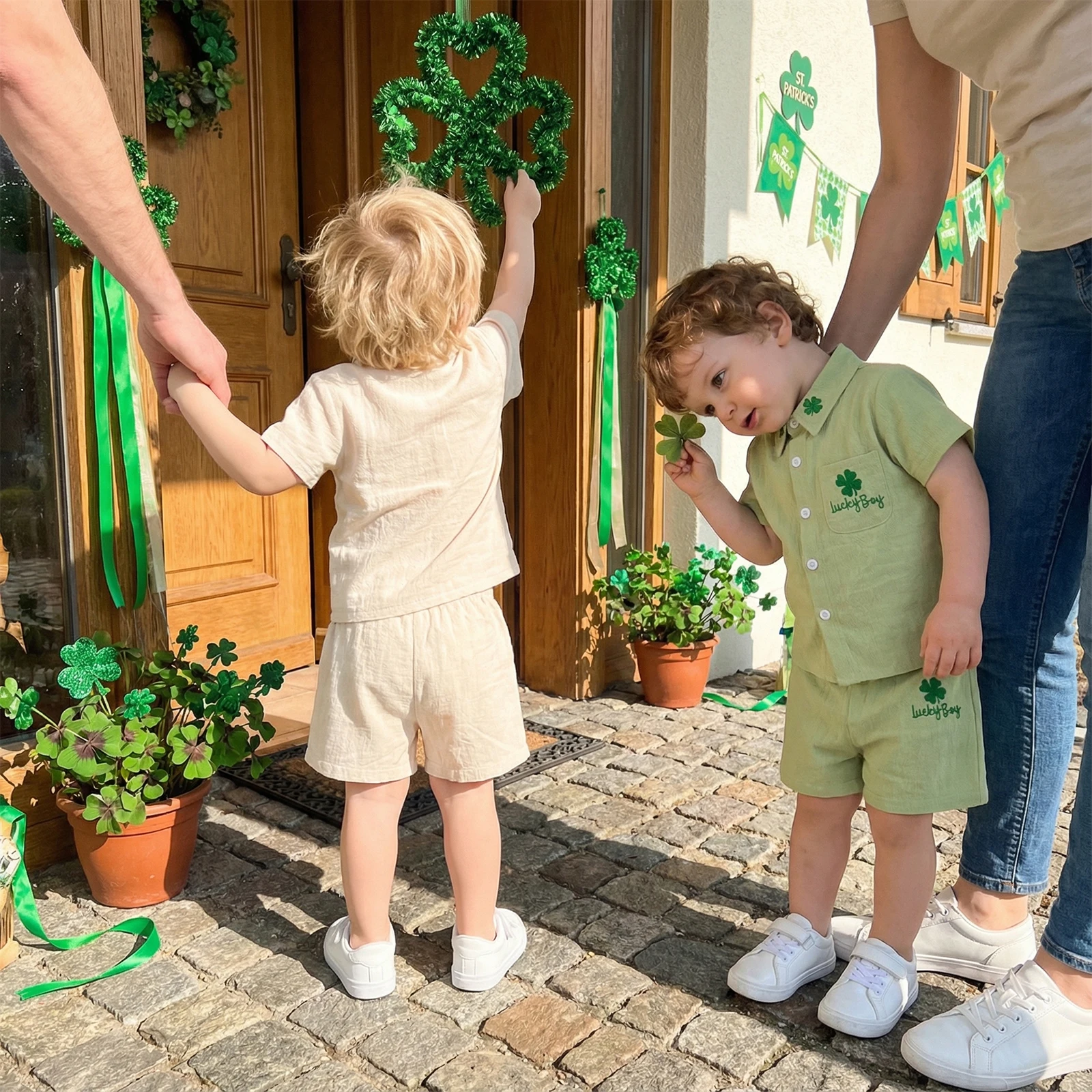 FOCUSNORM 0-4Y Toddler Kids Boys Clothes Sets Shamrock Letters Embroidery Short Sleeve Shirt with Shorts Holiday Summer Outfit