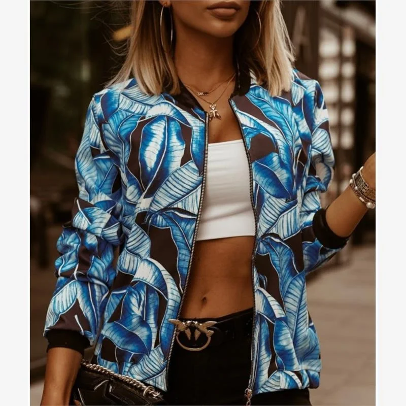 

Autumn Winter Printed Long Sve Slim Fit ort Jaet Small Outerwear Women's Faion Commute Sle round Ne Zipper Closure