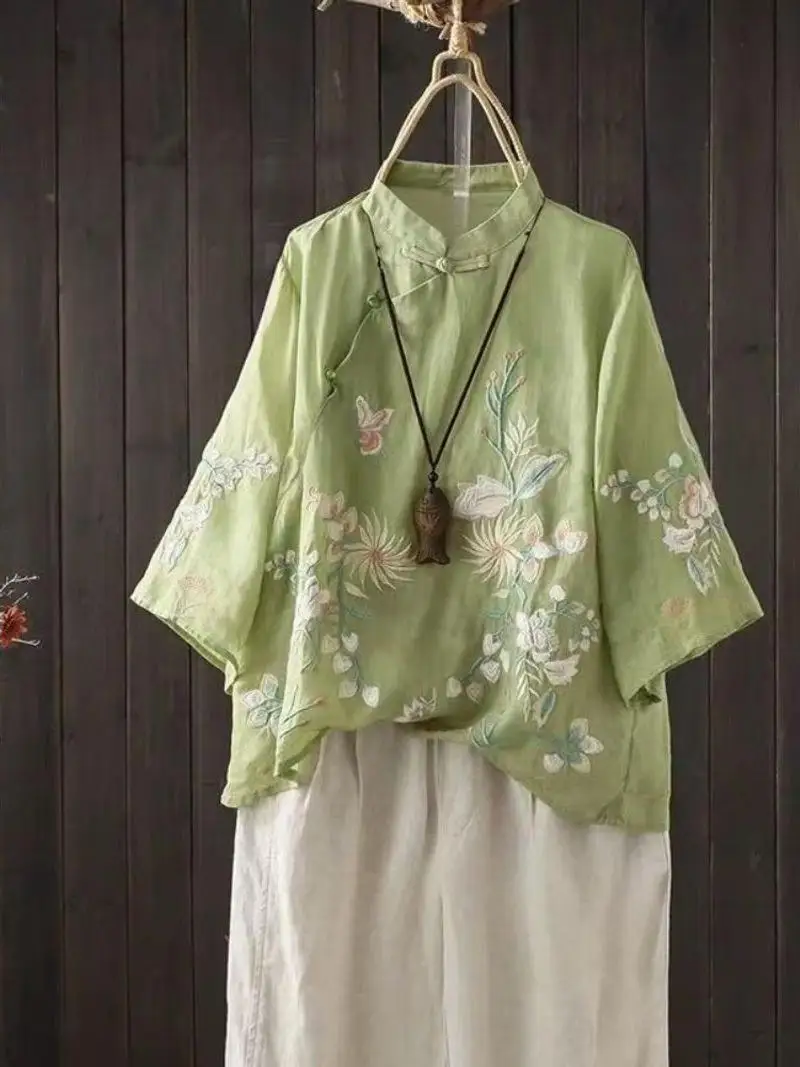 

Young Sle Embroidered Cotton Linen irt Chinese Traditional Tea Costume Five-Quarter Sve Stand Collar Loose Fit Women's...