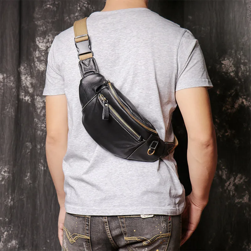 High Quality Fanny Bag Packs for Men Genuine Leather Waist Bag Fashion Party Sling Shoulder Bag Male Travel Black Waist Packs