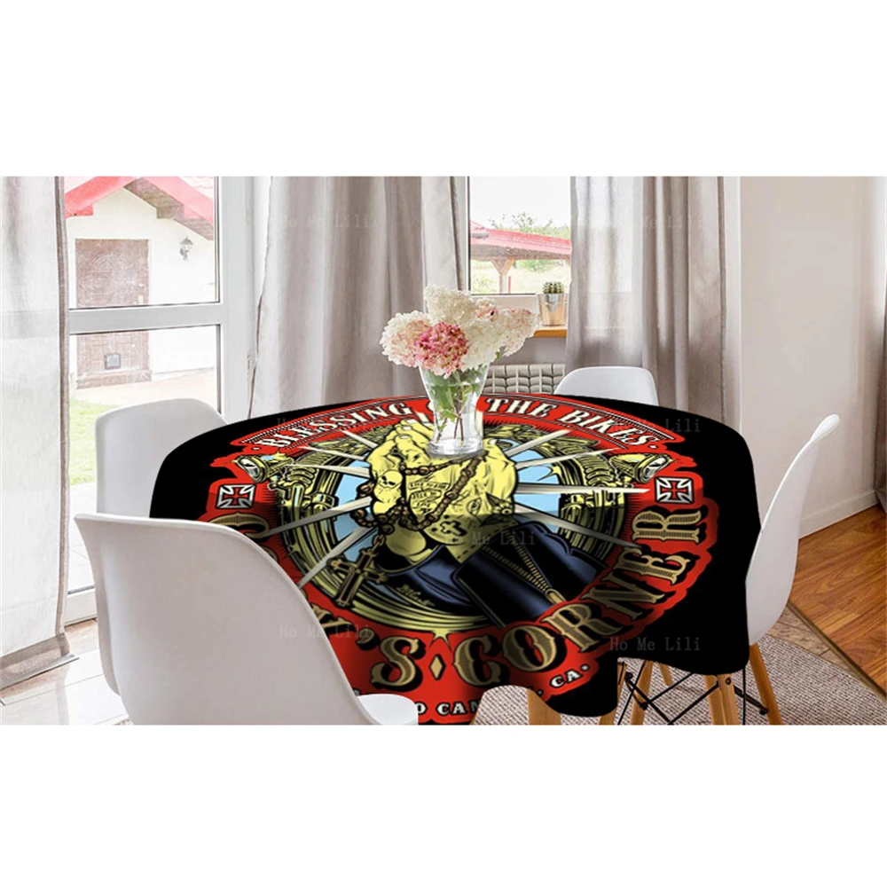 Biker Metal Blessing Praying Hands Skull Dagger No Sleep At All Polyester Round Tablecloth