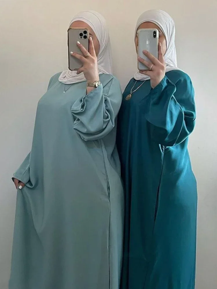 

Ramadan Eid Satin Abaya Dubai Turkey Flare Sleeve Muslim Hijab Dress Plain Closed Abayas for Women Islamic Clothing Kaftan Robe