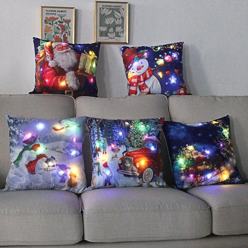 LED Light Christmas Pillow Cushions Cover Santa Elk Snowflake Xmas Lantern  Glow Pillowcase Winter Holiday Decoration