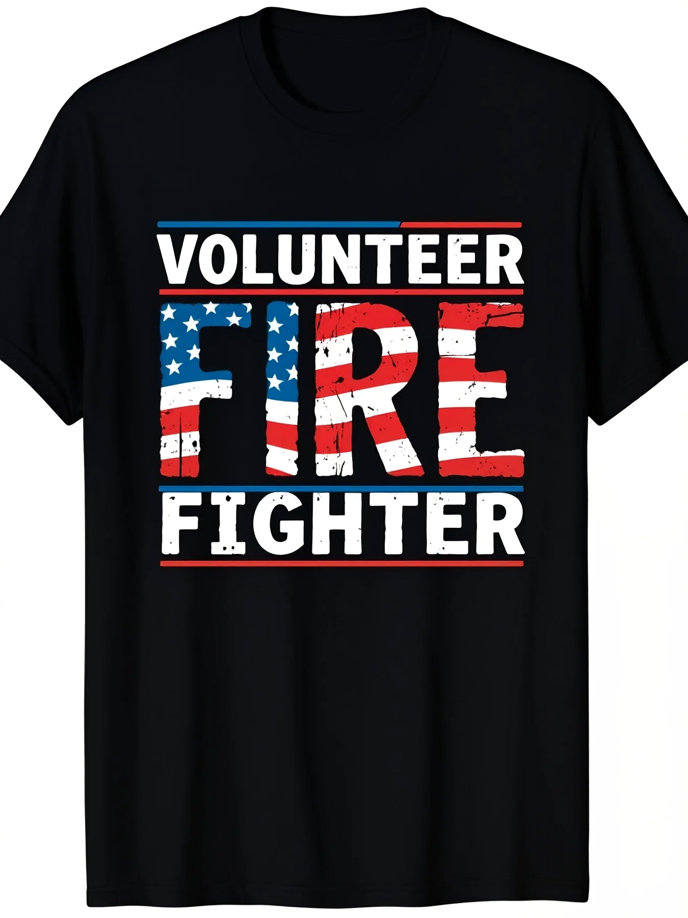 Men'S Unisex Firefighter Volunteer T-Shirt Heavyweight SM Fire Department Shirt with Volunteer Fire Fighter Text American Flag Design Fireman Apparel for Firefighters Supporters ARetro Casual Short-Sleeved T-Shirt with Round Neck and Printed Pattern