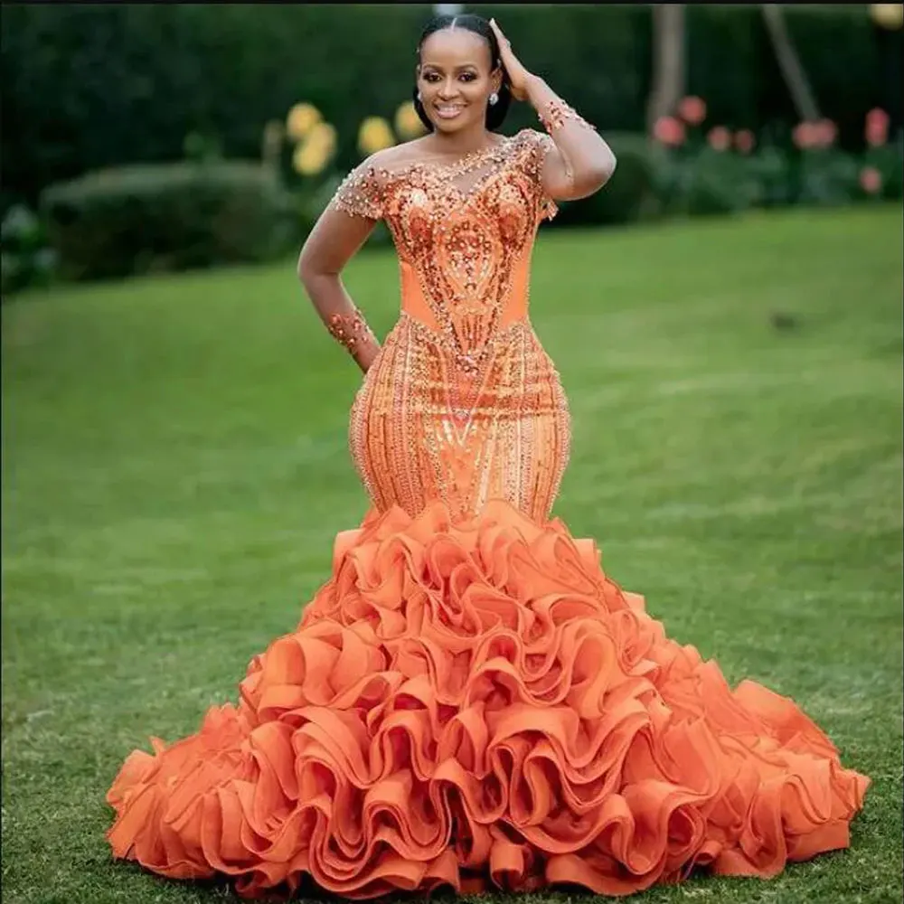 Vestidos de Noche naranja románticos con borde de volantes en capas de sirena para niña negra, cuentas de purpurina, encaje, boda, ocasión Formal, vestido de baile de fiesta