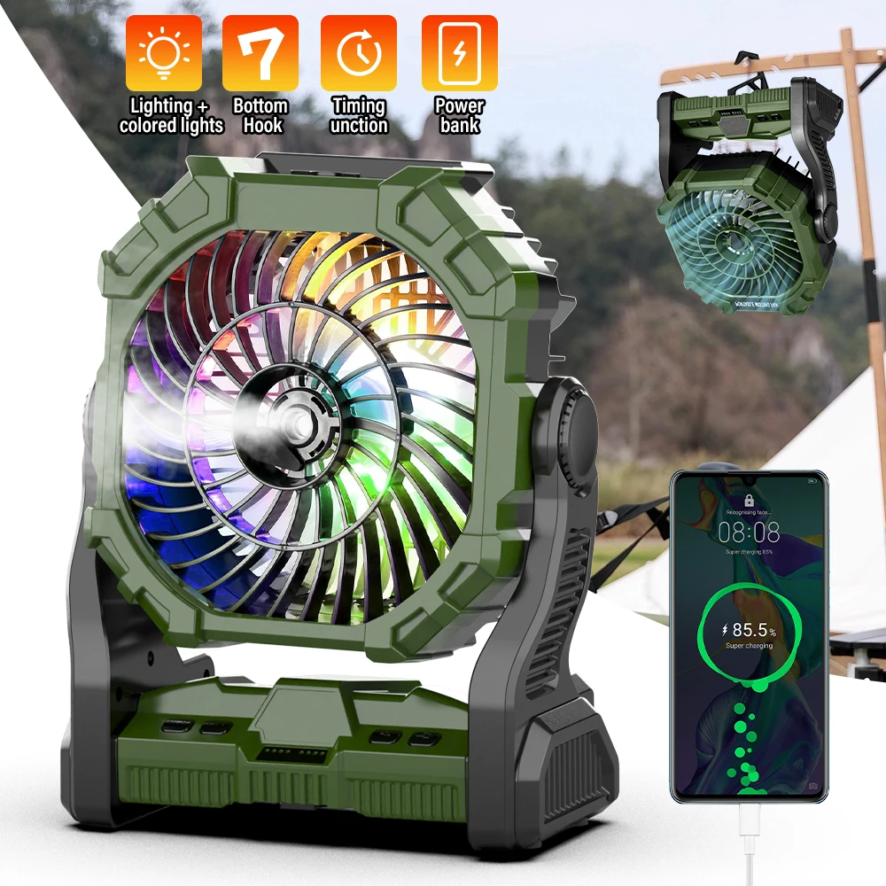 

Подвесной крючок Вентилятор для кемпинга Настольный вентилятор с батарейным питанием и 4 светодиодными фонарями Резервуар для воды на 250 мл, 8 скоростей, Батарея работает 8-20 часов
