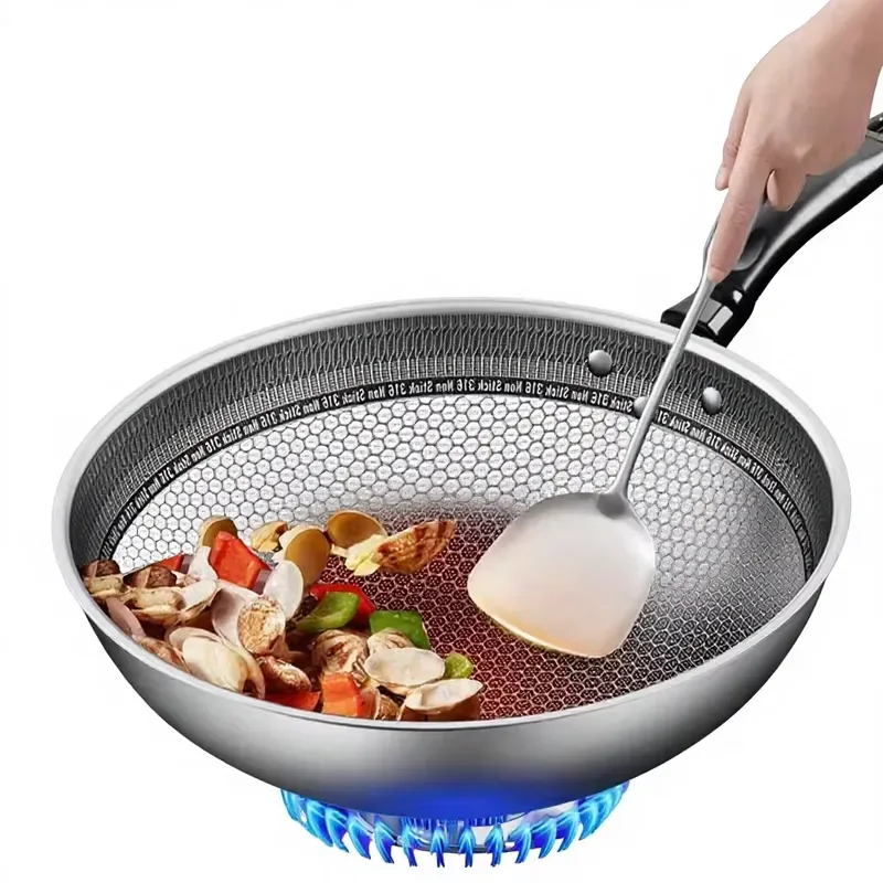 410 Stainless Steel Honeycomb Frying Pan Induction Cookware Non Stick Wok Kitchen Cooking Utensils For Gas Stove Induction