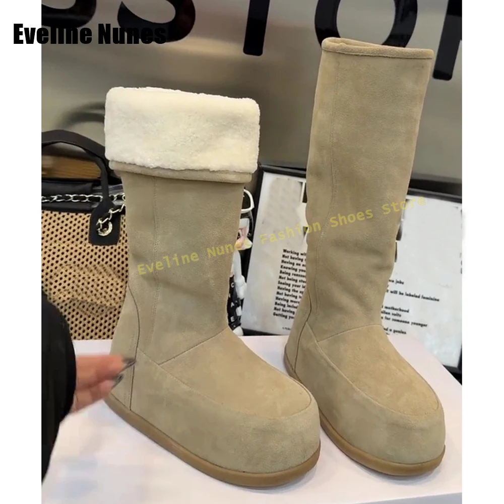 Faux Fur Platform Snow Boots Round Toe Flat with Pull On Foldable Splicing Women Knee High Boots 2026 Winter Fashion Shoes Trend