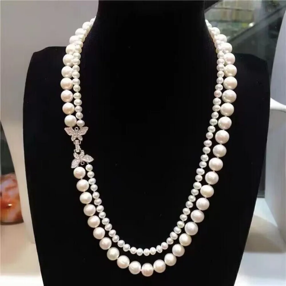 

two strands 5-8mm south sea white pearl necklace 18"19" 925 sterling silver vintage jewelry pendant