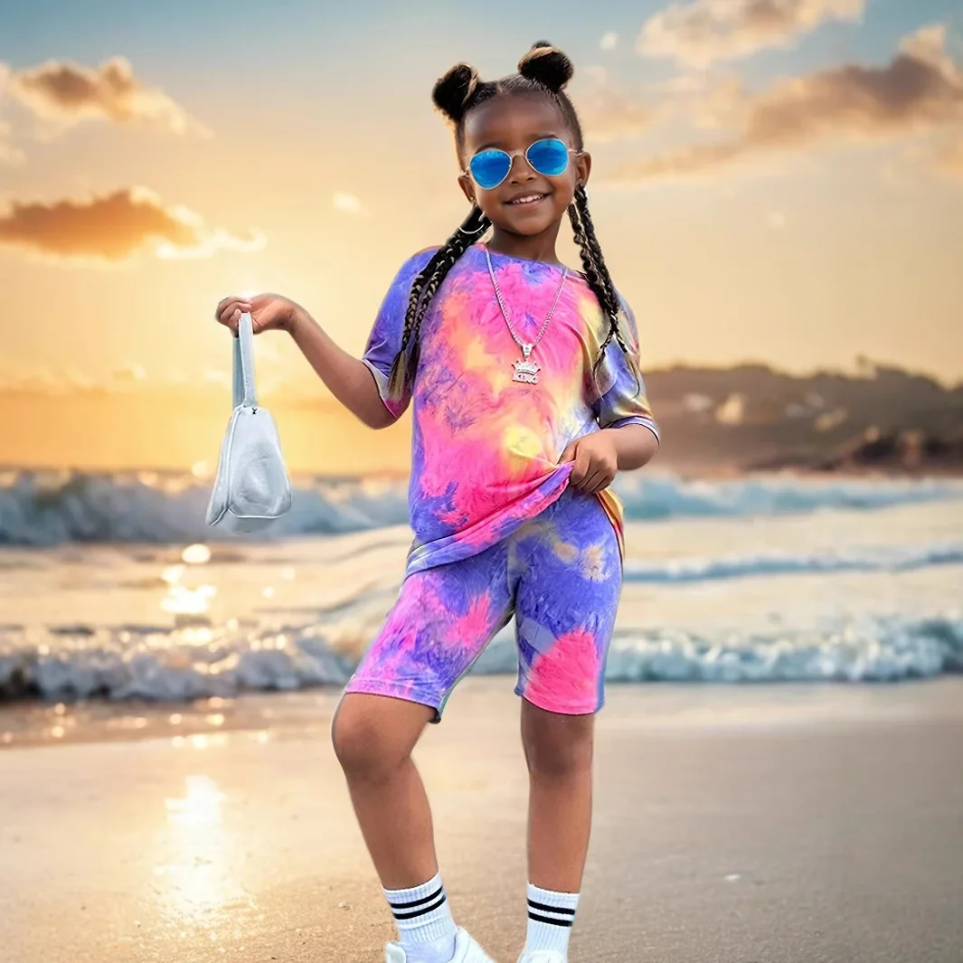 Girls Summer Casual Clothing Sets Baby Girl Short Sleeve O-neck Tie-dye Print T-shirt Tops + Shorts Children Fashion Sports Suit