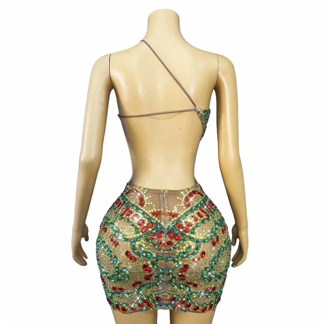 سباركلي الراين مثير قطع شبكة انظر من خلال فستان قصير المرأة الفاخرة عيد ميلاد فساتين الحفلات المسائية ملهى ليلي المرحلة الزي