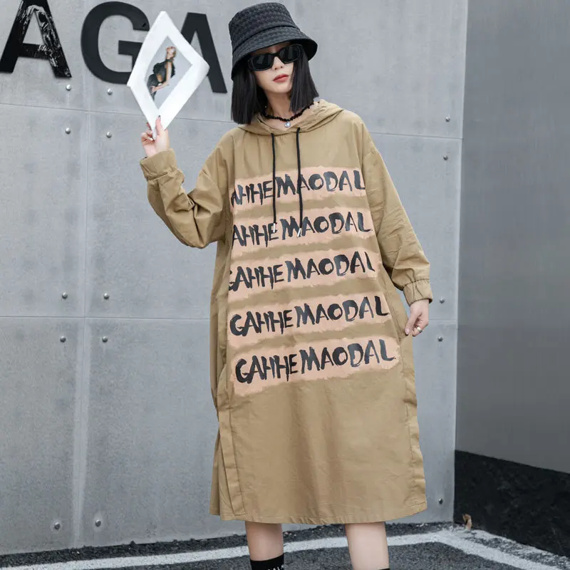 Vefadisa 2025 Spring Autumn New Gray Letter Printed Women Dress With Hooded Long Sleeved Mid-length Hoodie Dress ZXY1295A