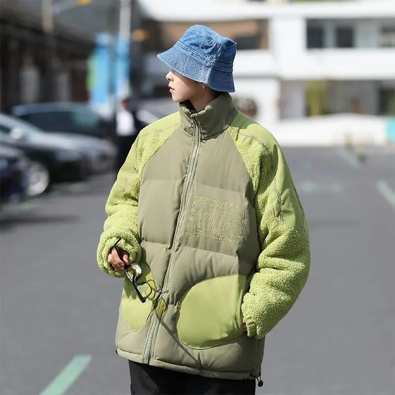 Japanese Parkas Men Women Winter Lamb Fleece Paneled Design Coat Street Harajuku Hip-hop Casual Bread Clothes Warm Cotton Jacket